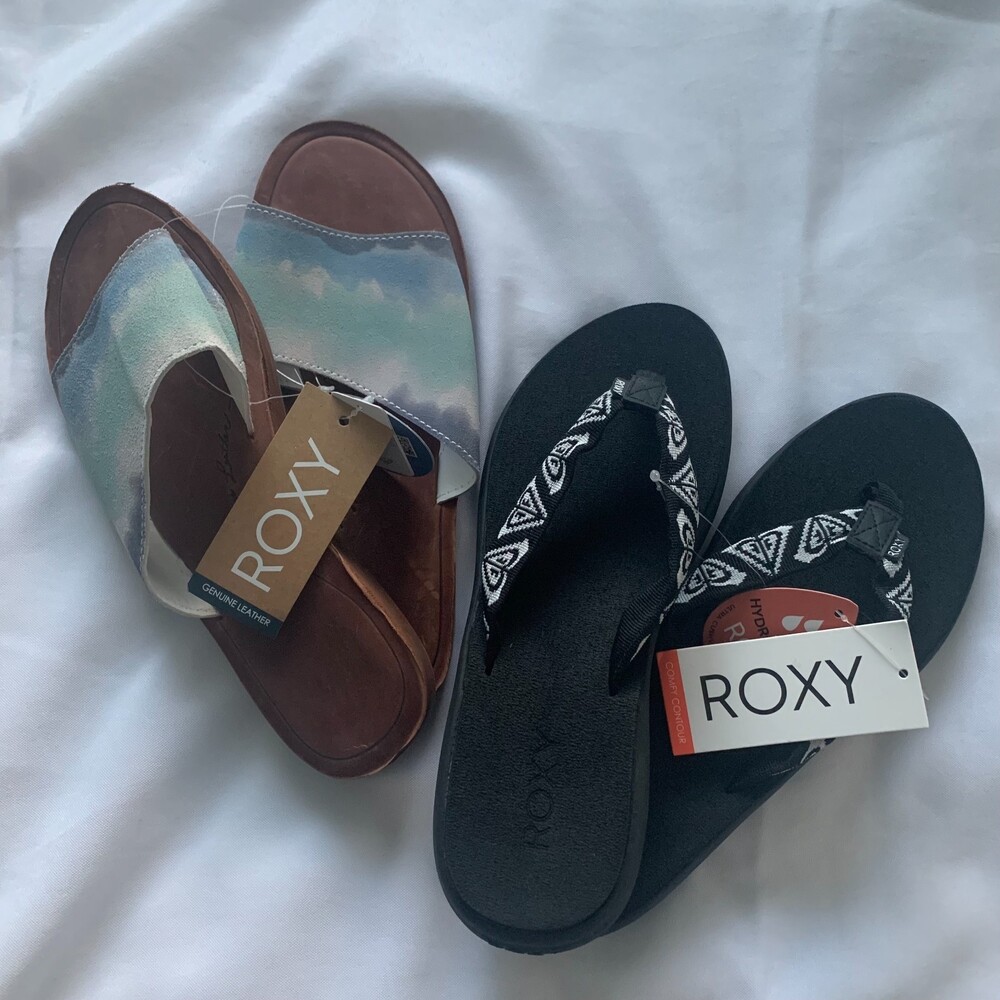 Roxy Sandals Flip Flop Slides Bundle Women's 9 Tan Black Leather Beach Vacation